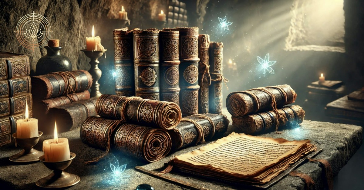An ancient collection of scrolls and leather-bound codices, glowing faintly with ethereal light, resting on a weathered stone table. The dimly lit cave or monastery setting emphasizes the secrecy and mystery of their discovery, evoking the sense of uncovering hidden Gnostic wisdom from the Nag Hammadi Library.
