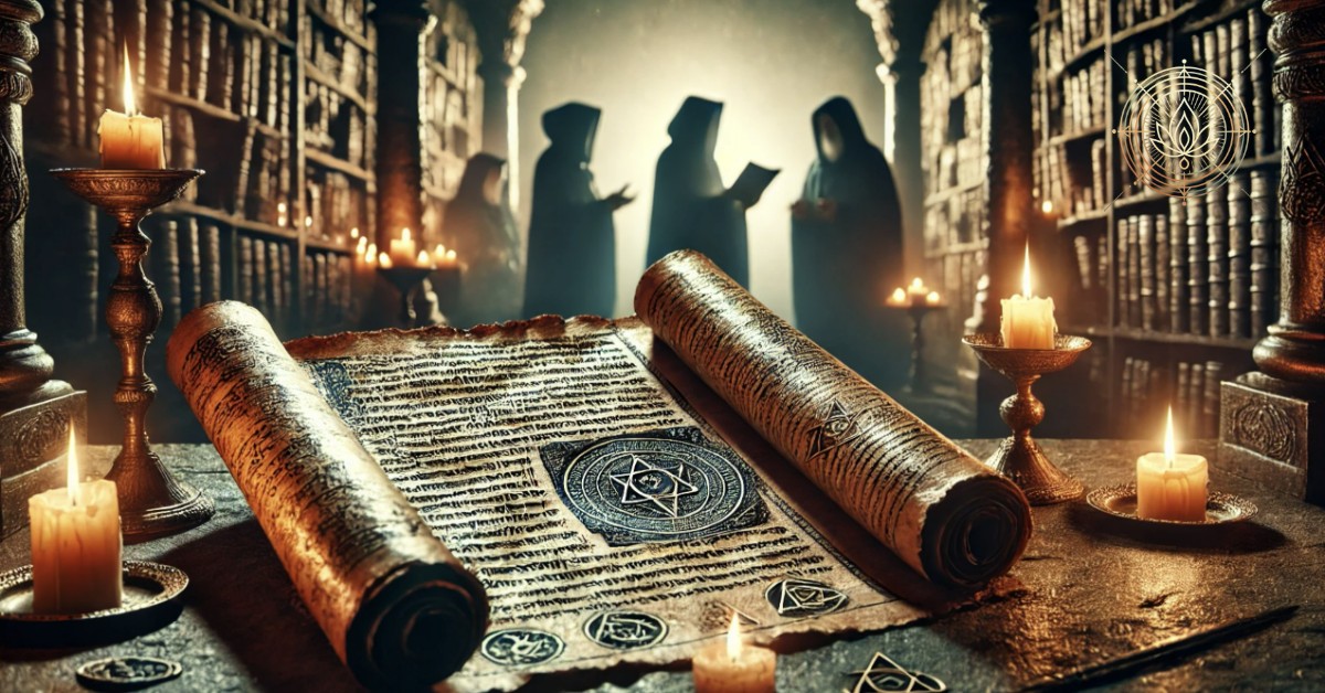 An ancient scroll with mysterious symbols unrolled on a stone table, illuminated by candlelight. Shadowy robed figures in the background discuss hidden knowledge, surrounded by towering bookshelves filled with ancient texts, evoking the origins of Gnosticism.