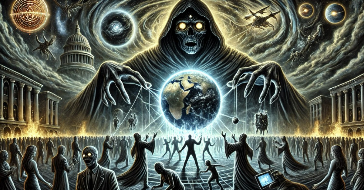 A symbolic depiction of the Archons, the enforcers of the Demiurge's control. Dark, shadowy figures with glowing eyes surround the Earth, their ghostly hands manipulating governments, religious leaders, and media. Below, people move like puppets, unaware of the hidden forces controlling them. The atmosphere is ominous and oppressive, with swirling energy representing the unseen influence of the Archons. In the distance, a faint divine light struggles to break through the darkness, symbolizing the hidden truth beyond their illusion.