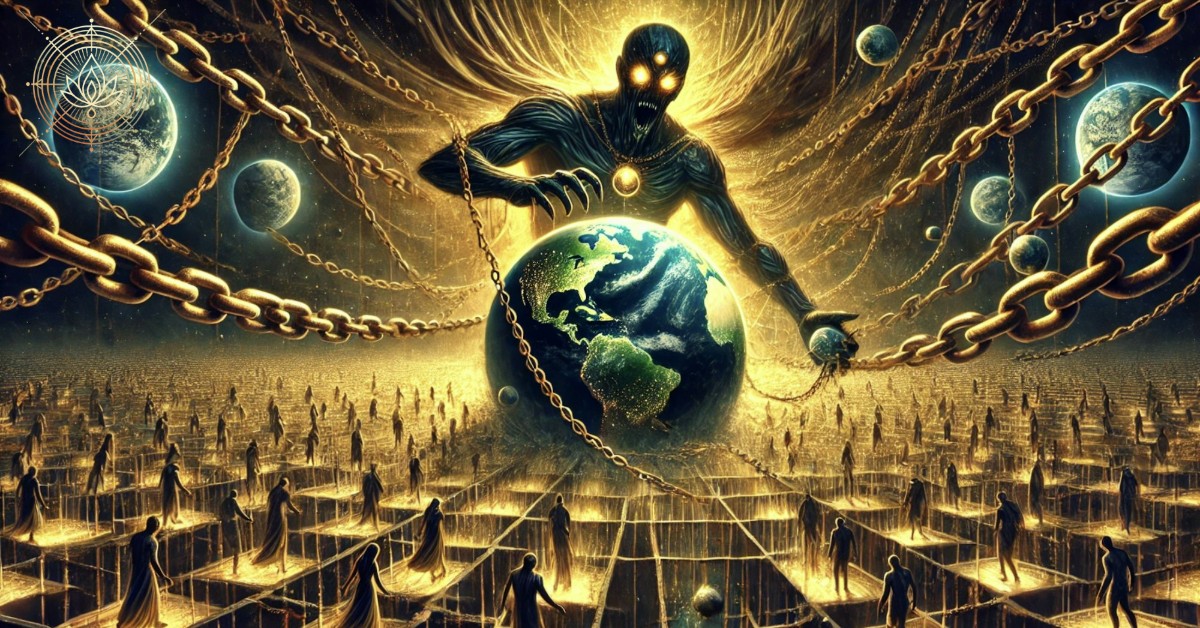A symbolic depiction of the Demiurge creating the material world as a spiritual prison. A dark, godlike figure with glowing eyes weaves chains around Earth, trapping human souls within. The distorted world is covered in illusion, with people walking in blind obedience beneath his grasp. Above, a faint golden light struggles to pierce through the darkness, representing the hidden divine realm beyond the Demiurge’s control. The atmosphere is ominous, illustrating humanity’s entrapment in the false world.
