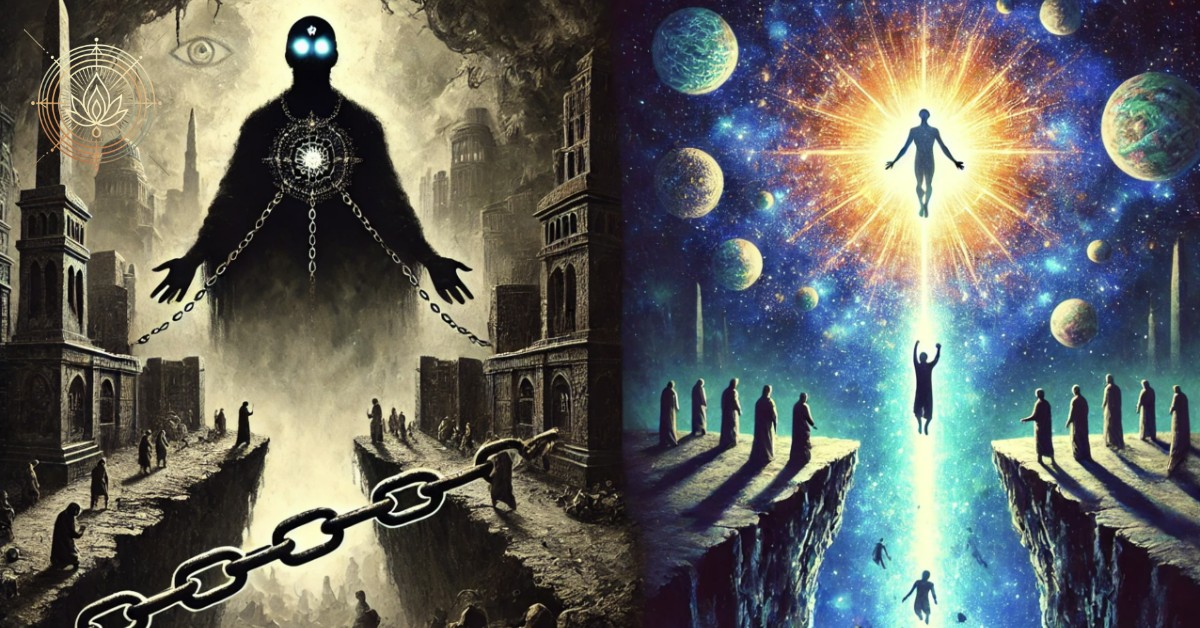 A symbolic contrast between false authority and true enlightenment. On one side, a dark, shadowy figure with glowing eyes looms over a decaying city, symbolizing oppressive control. Chains extend from his hands, binding people who bow in submission. On the opposite side, a radiant cosmic light shines, representing ultimate freedom and divine truth. A chasm separates the two, with some souls trapped in darkness while others ascend toward the light, illustrating the struggle between illusion and true enlightenment.