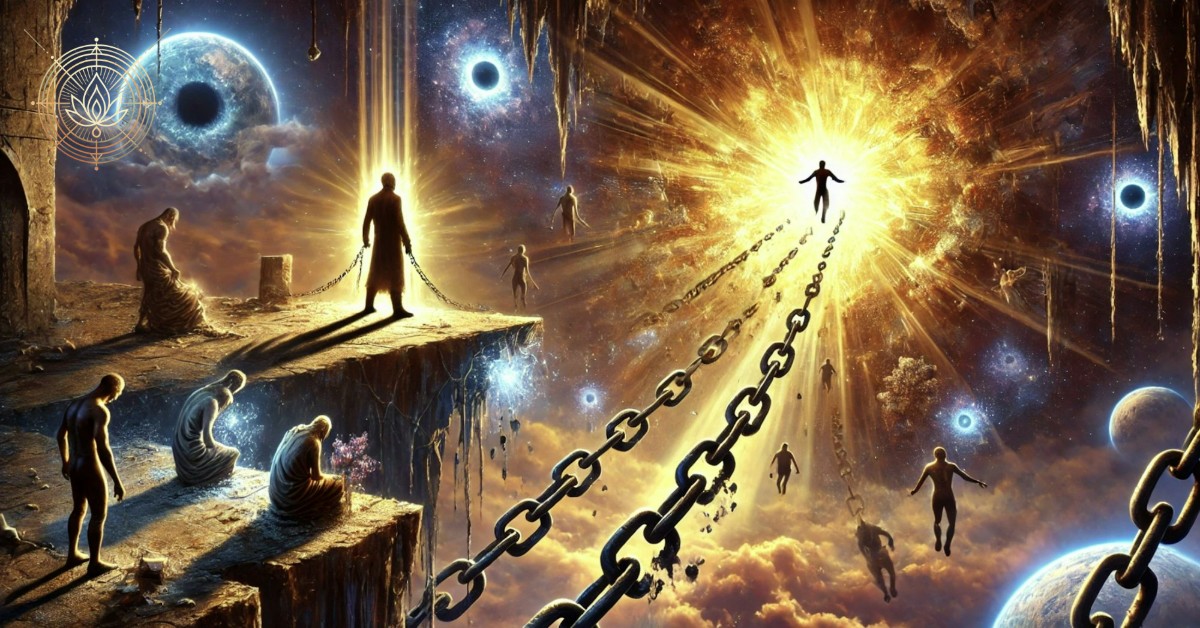 A symbolic representation of breaking free from the Demiurge’s illusion. A figure stands at the edge of a crumbling, dark world ruled by shadowy forces, with broken chains falling from their wrists. Ahead, a radiant portal of golden light opens into a vast cosmic expanse, symbolizing escape into true enlightenment. Other figures remain trapped below, still bound by chains, while some begin to rise toward the light, illustrating the journey of spiritual awakening and liberation from control.