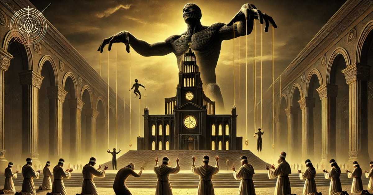 A symbolic representation of how religions serve the Demiurge. A dark, towering figure looms over a grand temple, controlling priests and religious leaders like puppets as they preach obedience and fear. Blindfolded worshippers kneel in submission, their hands raised in devotion. Behind the temple, a golden light struggles to break through the darkness, symbolizing hidden divine truth. The eerie atmosphere highlights how religious systems keep humanity trapped in illusion and servitude.