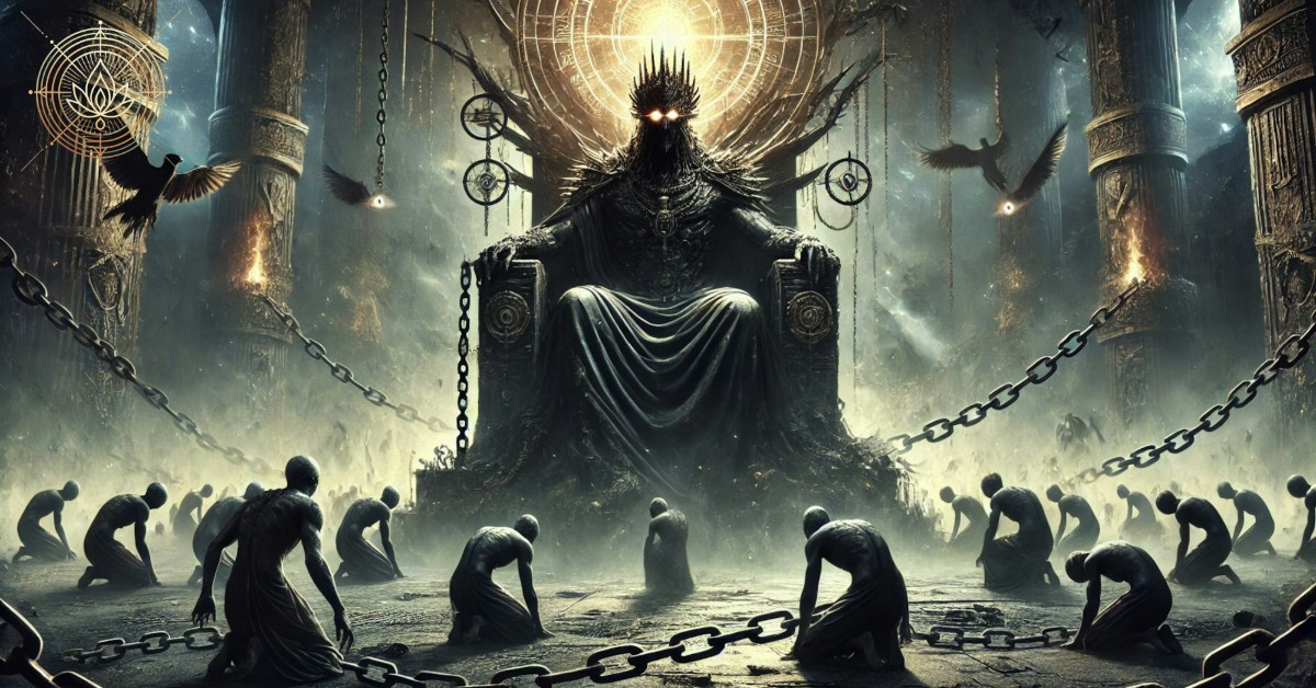 A dark, imposing figure representing the Demiurge sits on a massive throne made of chains and crumbling religious symbols. His glowing, piercing eyes radiate control and deception, while shadowy figures bow in blind worship. A stormy sky looms overhead, and a chaotic world unfolds beneath his throne. In the background, a faint cosmic light struggles to break through the darkness, symbolizing the hidden divine truth beyond his illusion.